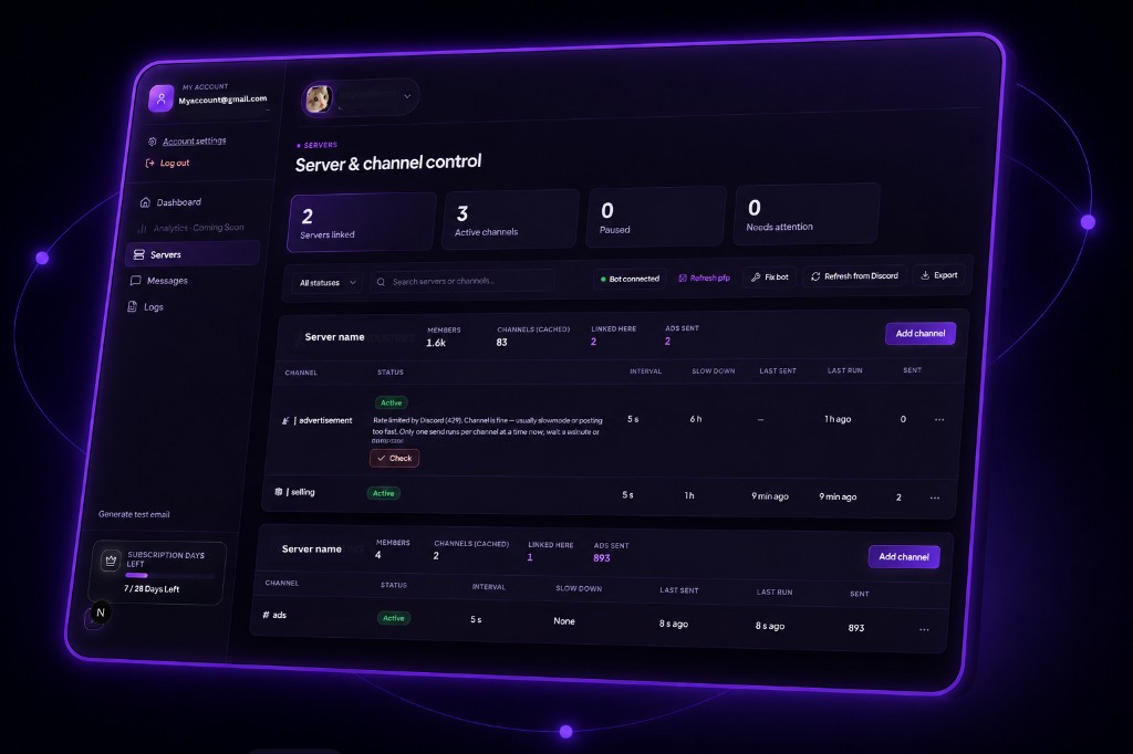 Adzz dashboard showing server and channel control, stats, and subscription days left